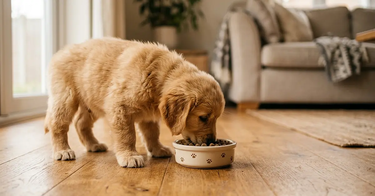 Chiot Golden Retriever mangeant dans une petite gamelle sur un parquet en bois