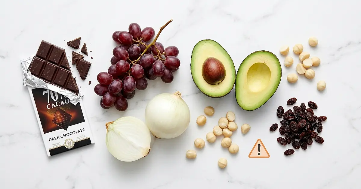 Aliments toxiques pour chien : chocolat, raisin, oignon et avocat sur fond blanc