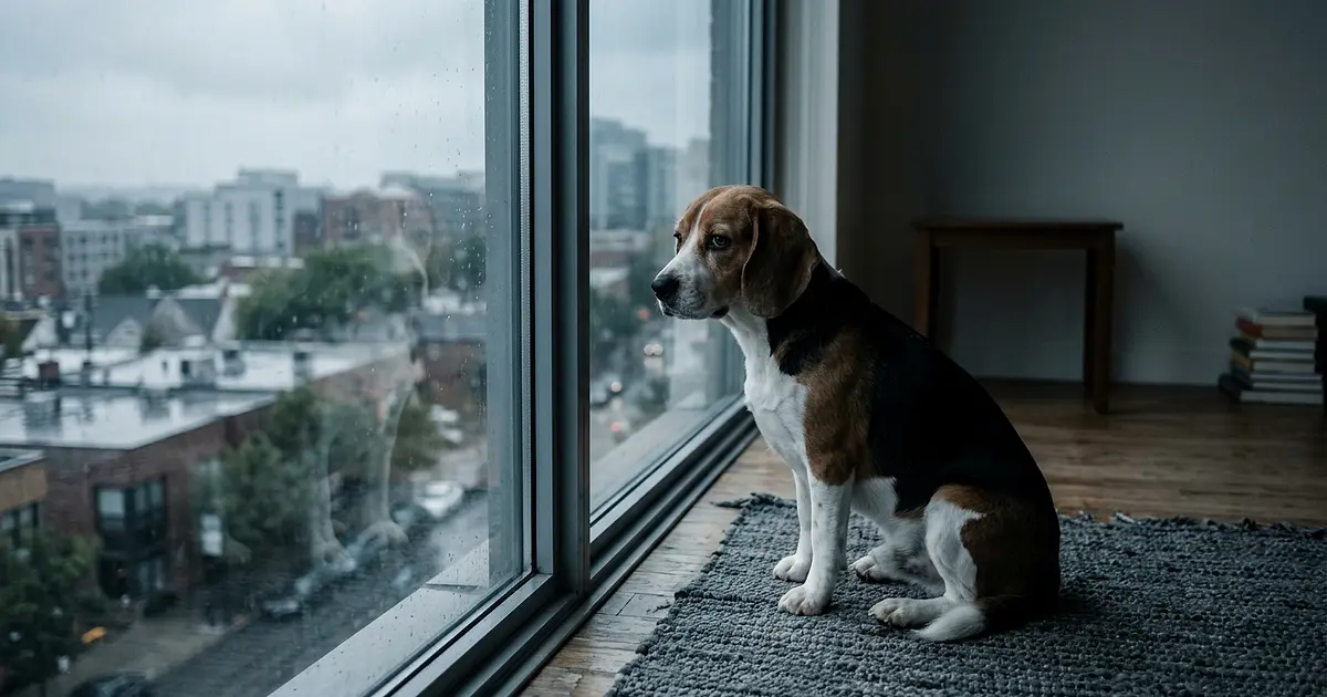 Chien seul à la maison regardant par la fenêtre avec un regard mélancolique