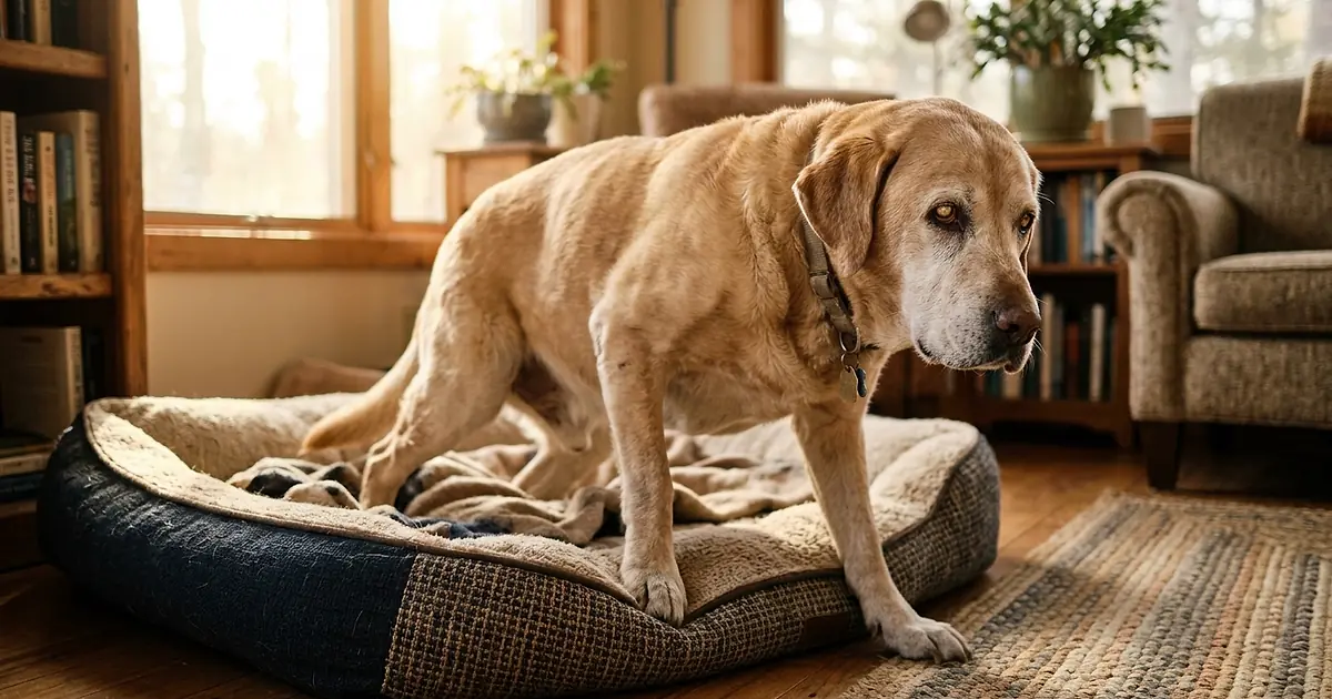 Vieux Labrador se levant avec difficulté dans un salon, montrant des signes de raideur articulaire