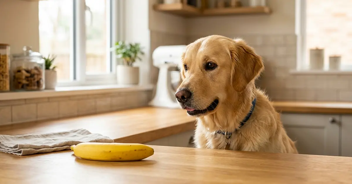 Golden Retriever regardant avec curiosité une banane posée sur un plan de travail de cuisine