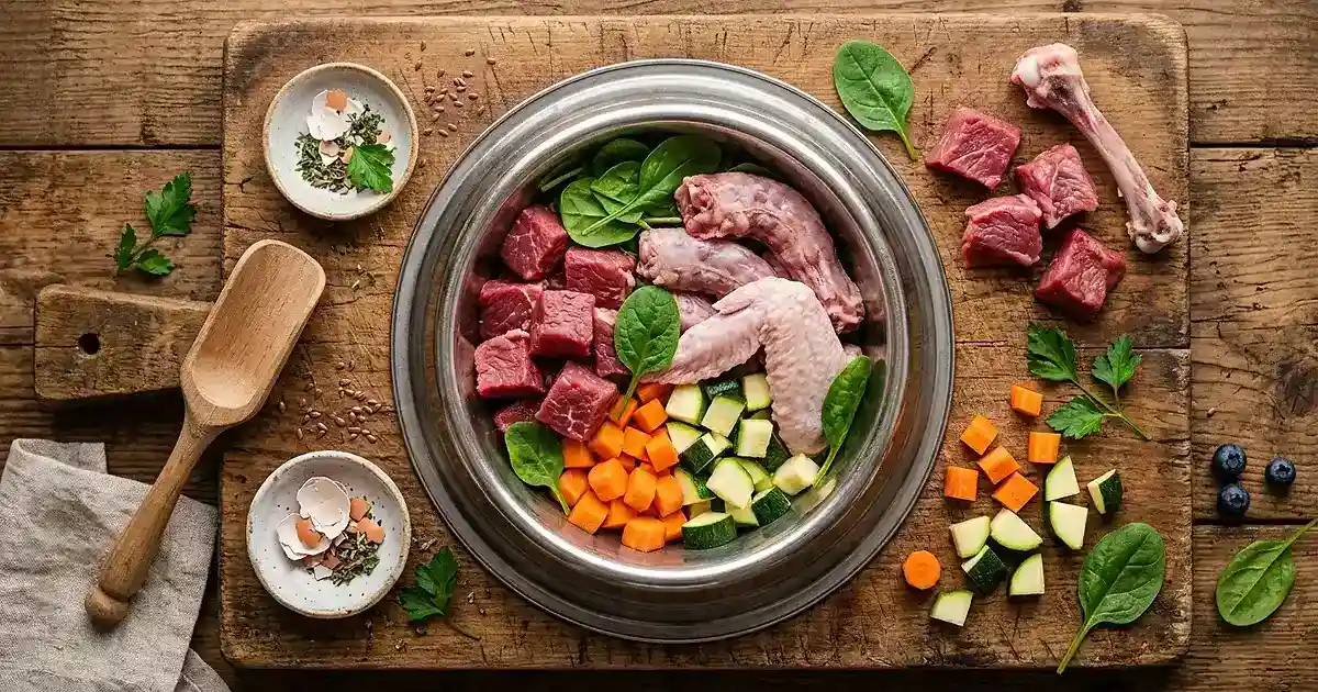 Gamelle de nourriture crue pour chien avec viande, légumes et os charnus sur un plan de travail en bois