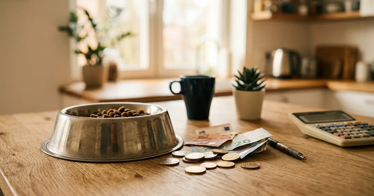 Gamelle de chien posée à côté de pièces de monnaie et de billets sur une table en bois