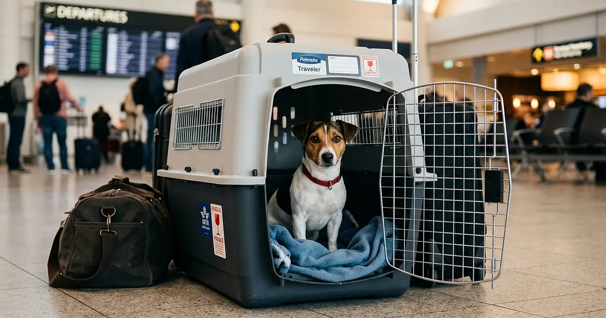 Chien calme dans une cage de transport rigide homologuée IATA prêt pour un voyage en avion