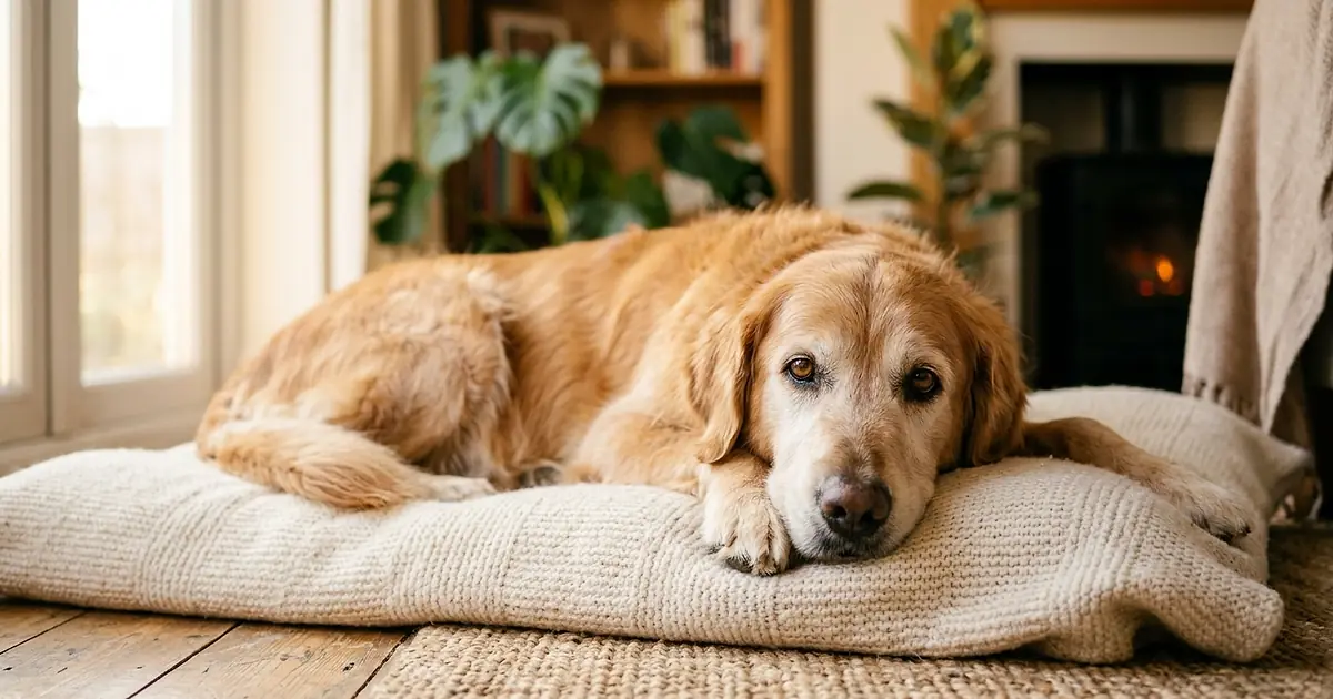 Vieux Golden Retriever au regard doux allongé sur un coussin dans une lumière chaude