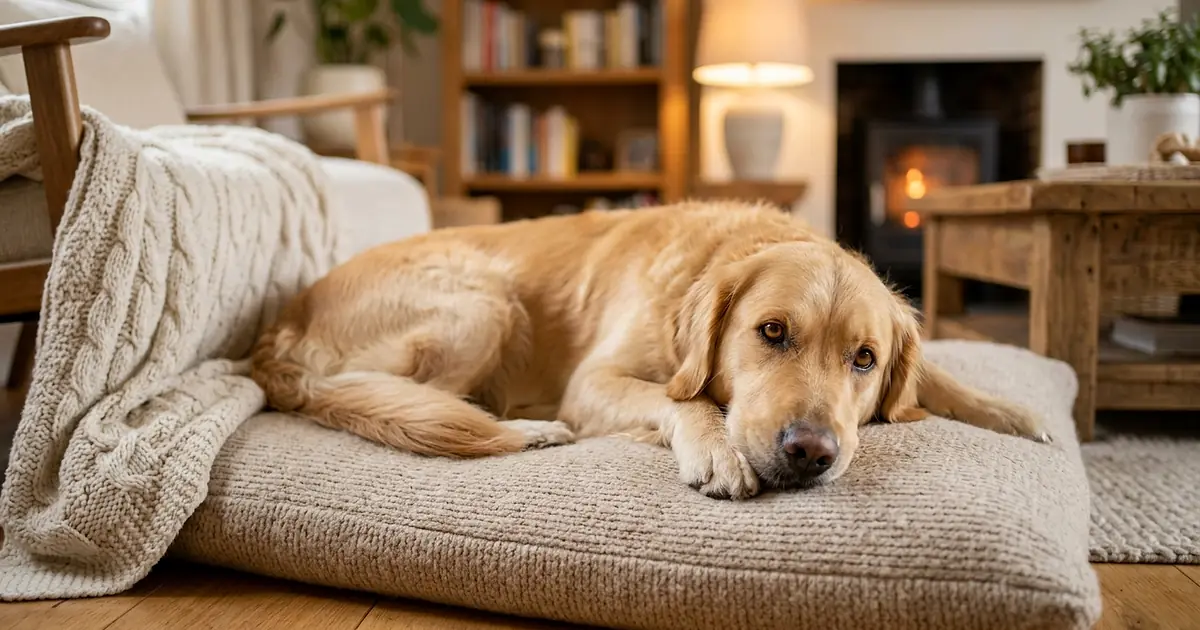 Chienne Golden Retriever allongée calmement sur un coussin dans un salon chaleureux