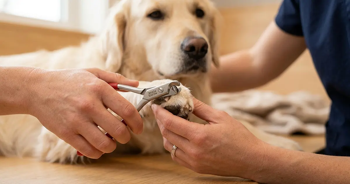 Gros plan sur les pattes d'un chien pendant une coupe de griffes avec un coupe-griffes professionnel