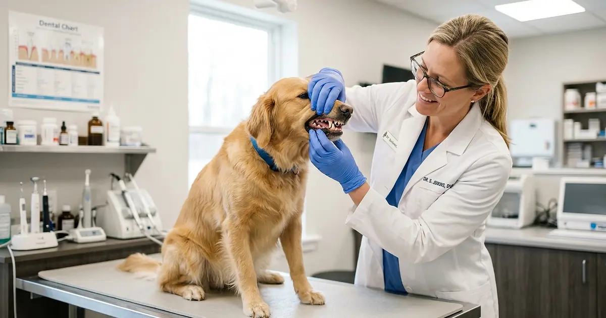 Vétérinaire examinant les dents d'un Golden Retriever dans une clinique dentaire
