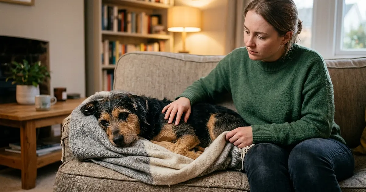 Chien fatigué couché sur un coussin avec une gamelle d'eau à côté