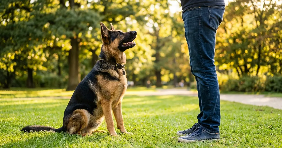 Chien assis en position d'écoute devant son propriétaire dans un parc verdoyant