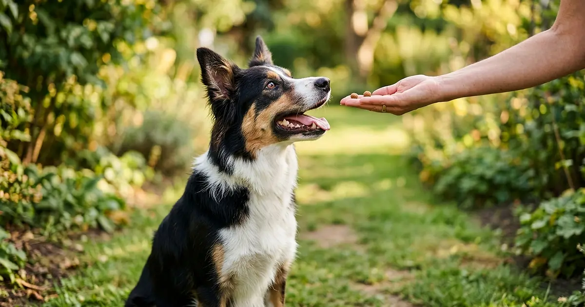 Main donnant une friandise à un chien attentif assis devant son propriétaire