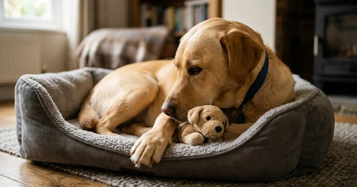 Chienne Labrador protégeant une peluche comme un chiot dans son panier