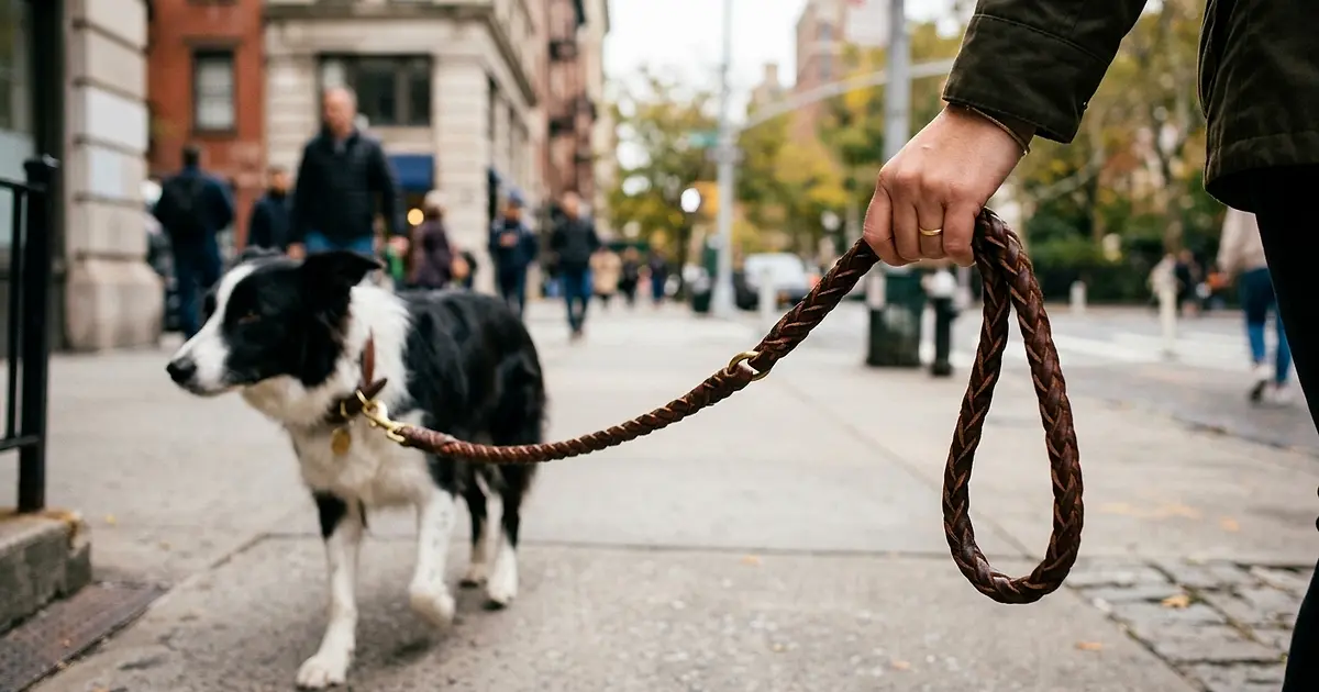 Main tenant une laisse en cuir tressé avec un Border Collie en promenade en ville