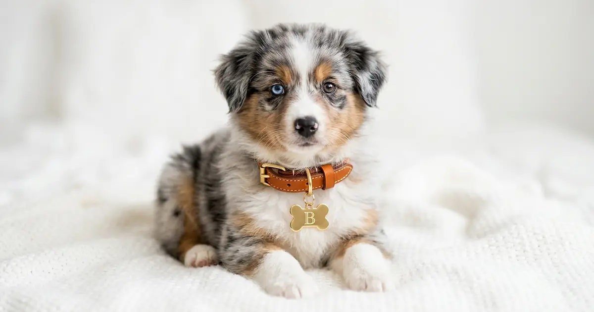 Chiot Berger Australien bleu merle avec un collier et une médaille en forme d'os gravée B
