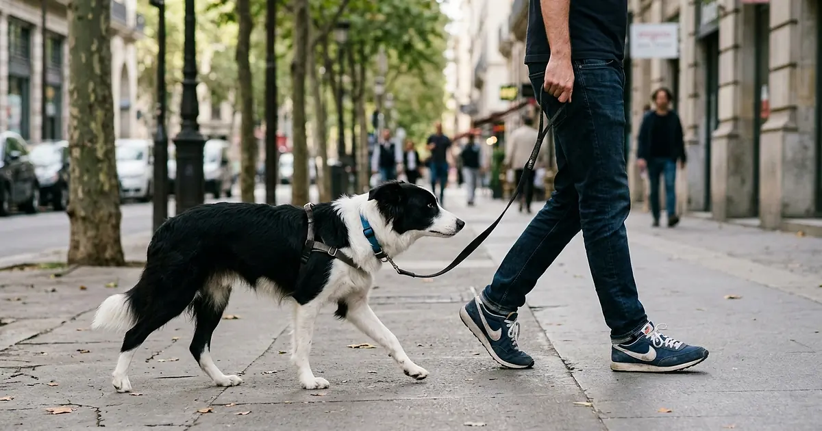 Chien marchant calmement en laisse à côté de son propriétaire sur un trottoir en ville