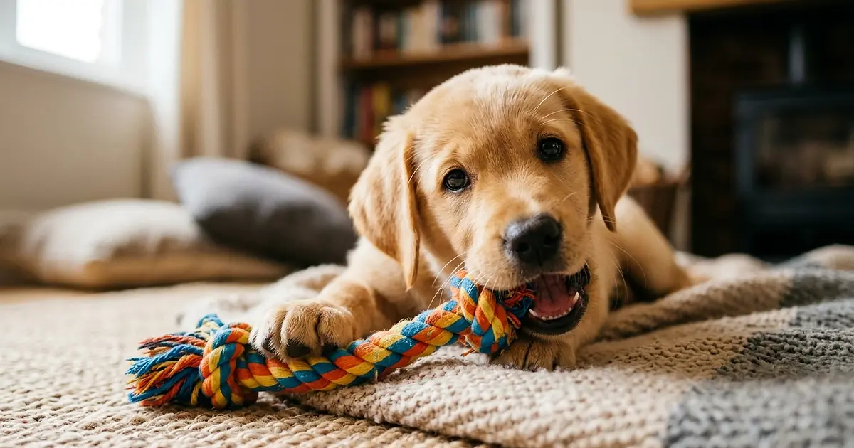 Chiot Labrador mordillant un jouet en corde coloré dans une ambiance ludique
