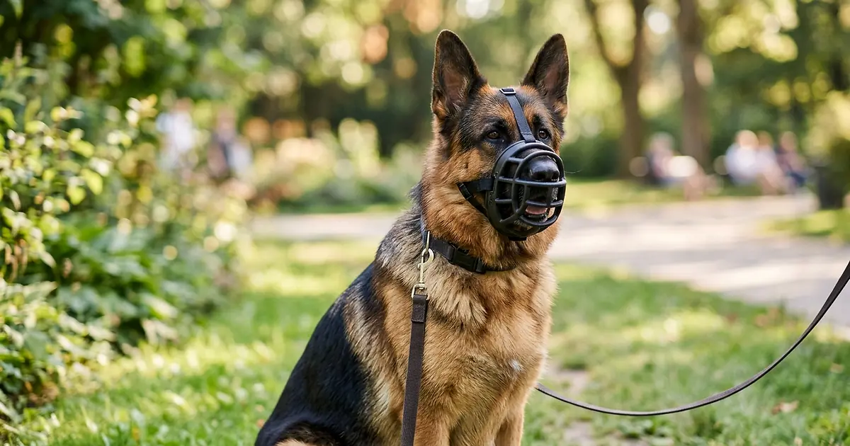 Berger Allemand portant une muselière panier confortablement dans un parc, regard calme