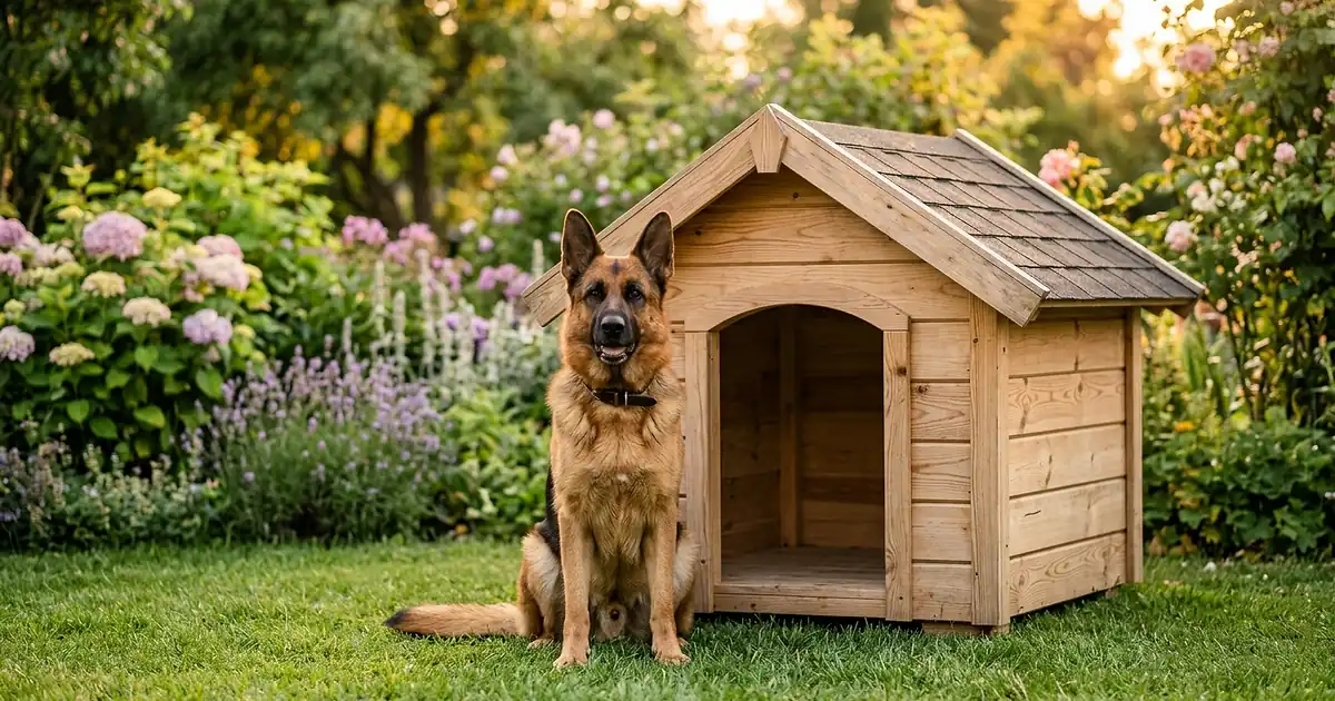 Labrador couché devant une niche en bois avec toit incliné dans un jardin ensoleillé