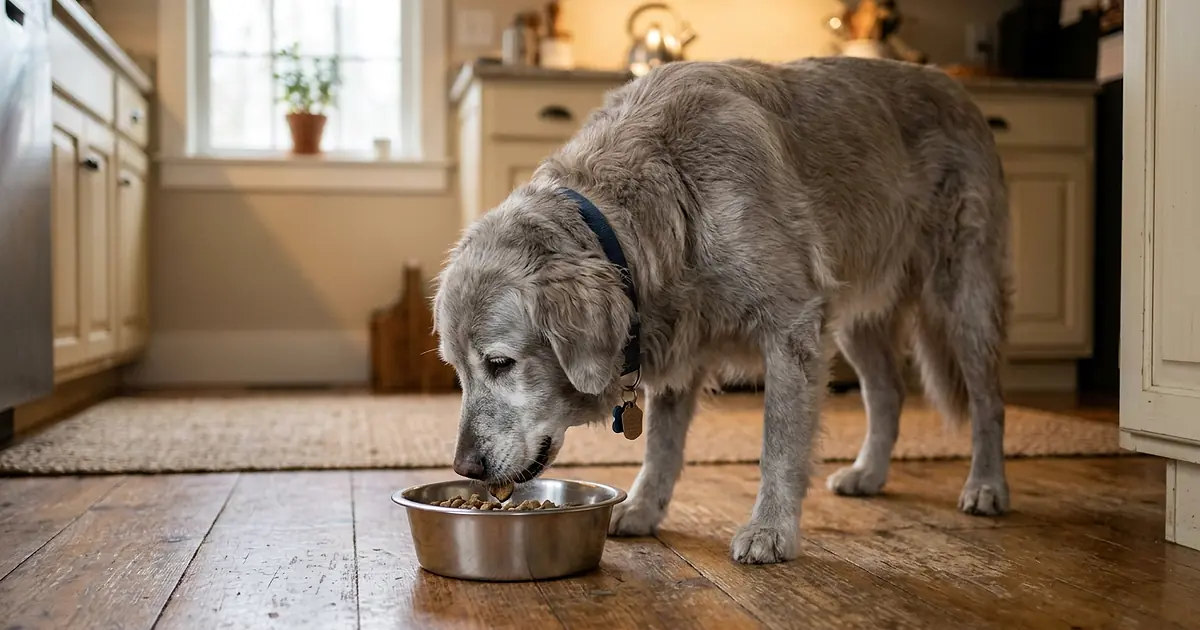 Vieux Labrador grisonnant mangeant calmement dans sa gamelle devant une cuisine lumineuse