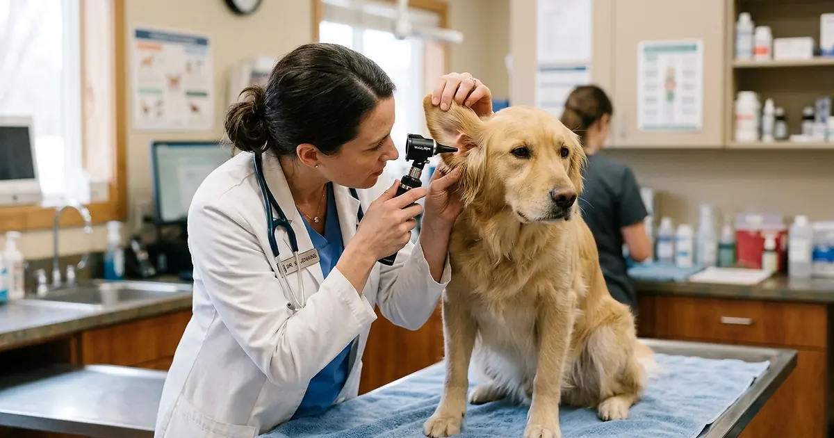 Vétérinaire examinant l'oreille d'un Cocker Spaniel avec un otoscope