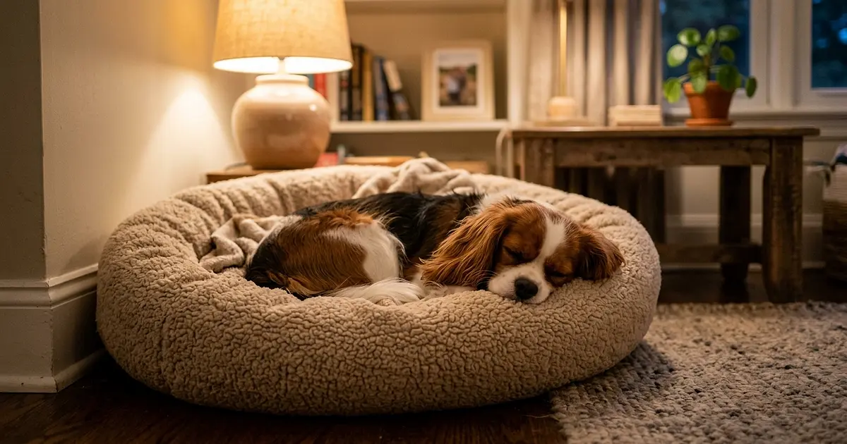 Chien confortablement installé dans un panier douillet en tissu beige dans un salon lumineux