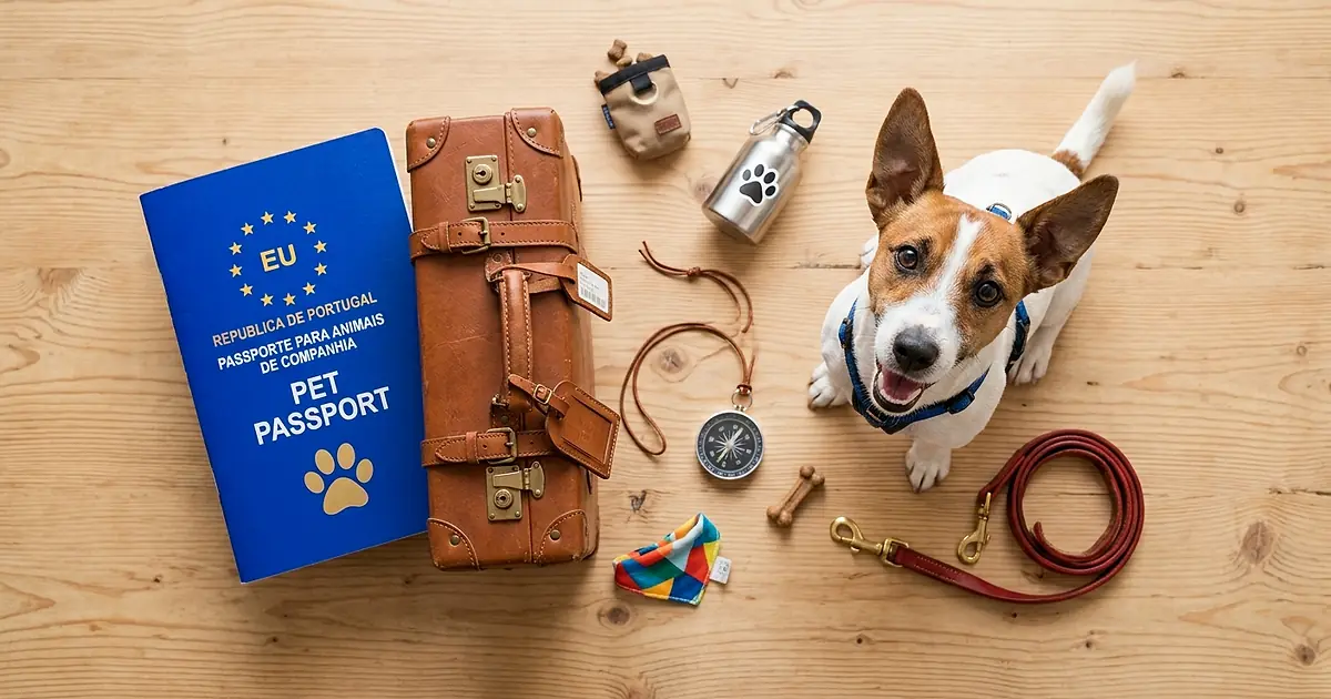 Passeport européen pour animal posé à côté d'un Jack Russell avec une valise de voyage