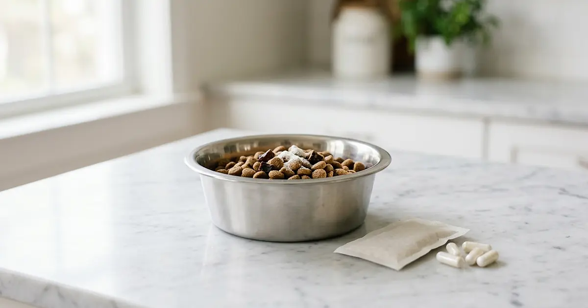 Gélules de probiotiques et sachet de compléments à côté d'une gamelle de croquettes pour chien