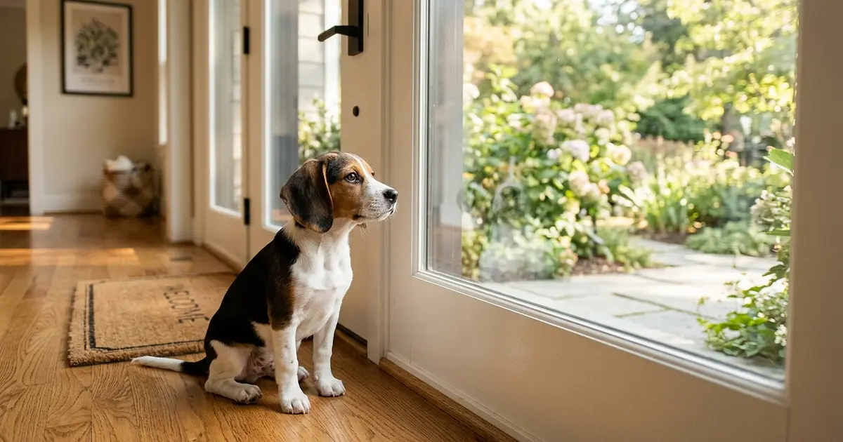 Chiot Beagle assis devant la porte d'entrée regardant vers l'extérieur en lumière matinale