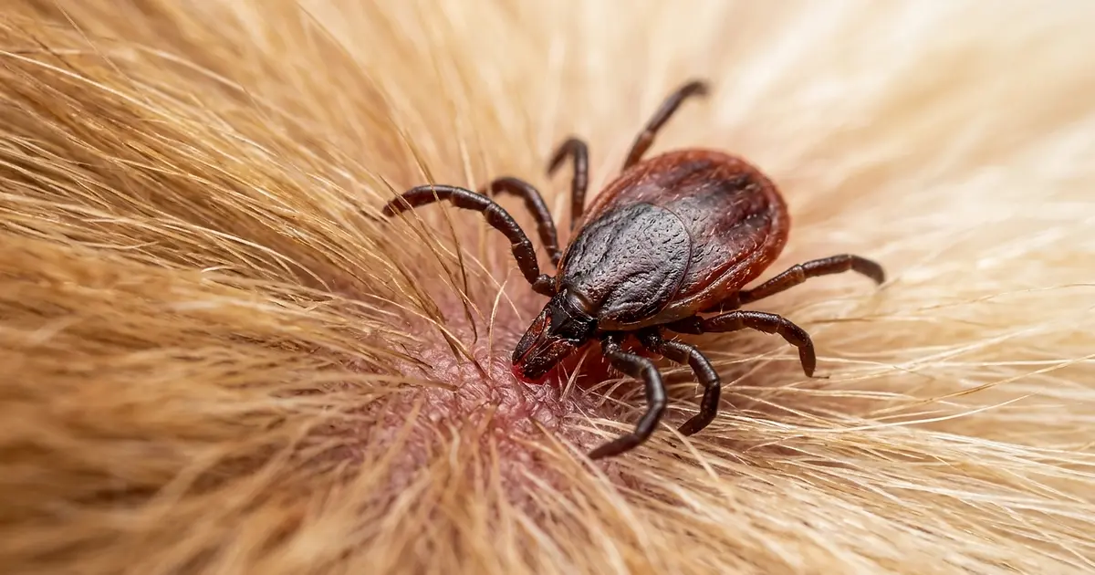 Gros plan d'une tique accrochée au pelage d'un chien, ambiance vétérinaire