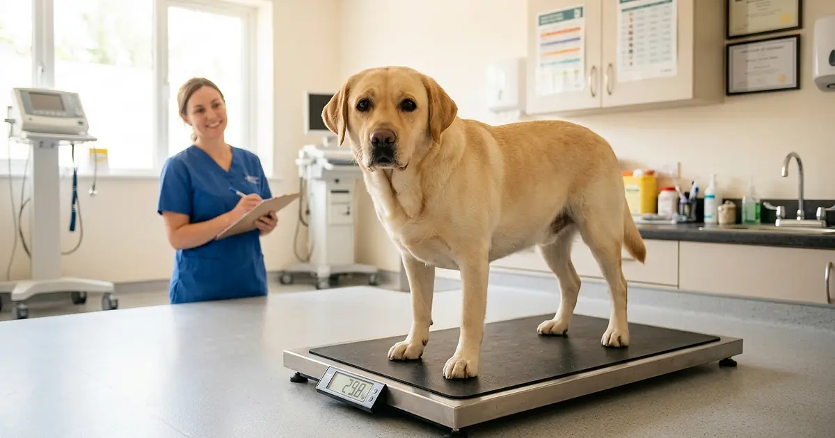 Labrador en surpoids debout sur une balance vétérinaire dans une clinique