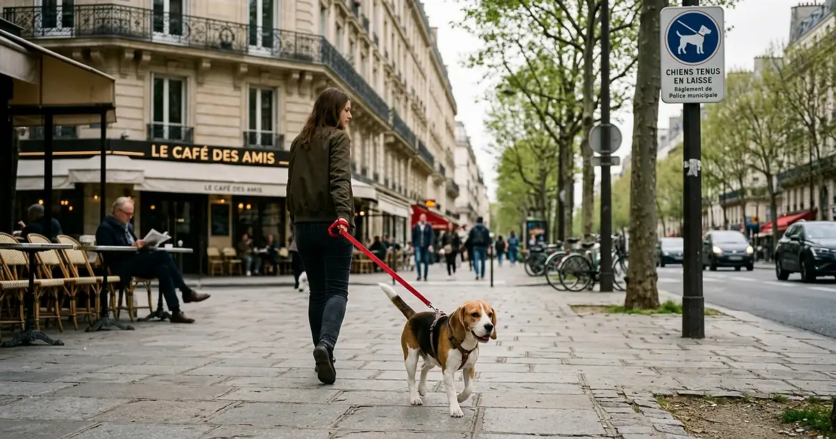 Beagle en laisse sur un trottoir avec un panneau de réglementation canine en arrière-plan