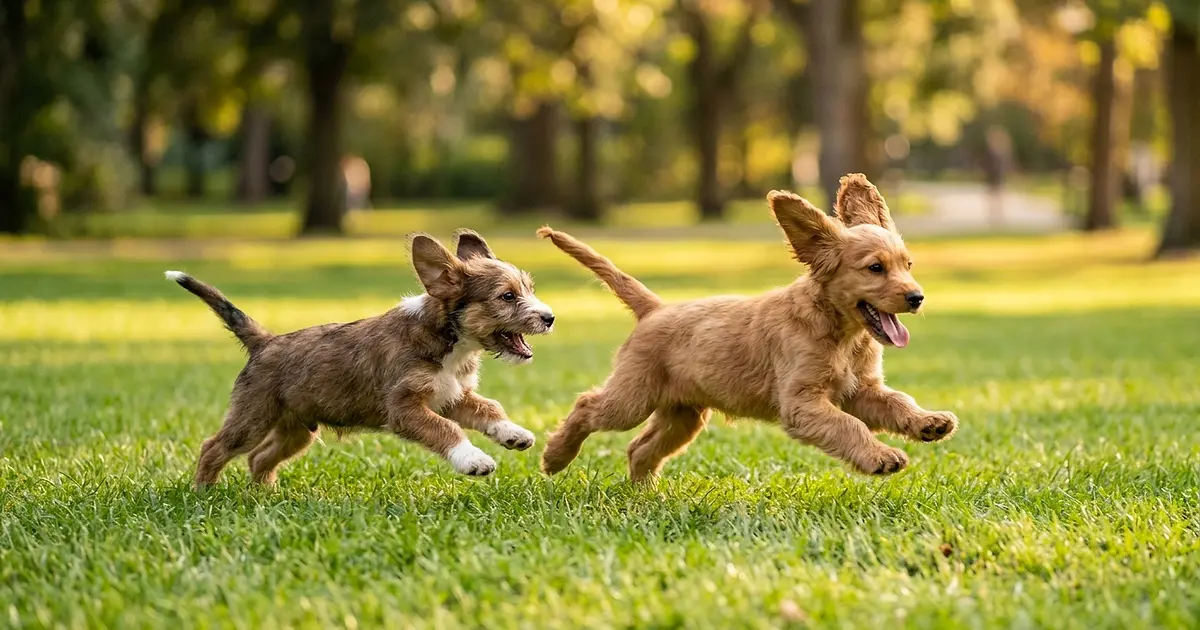 Deux chiots jouant ensemble dans un parc ensoleillé avec de l'herbe verte