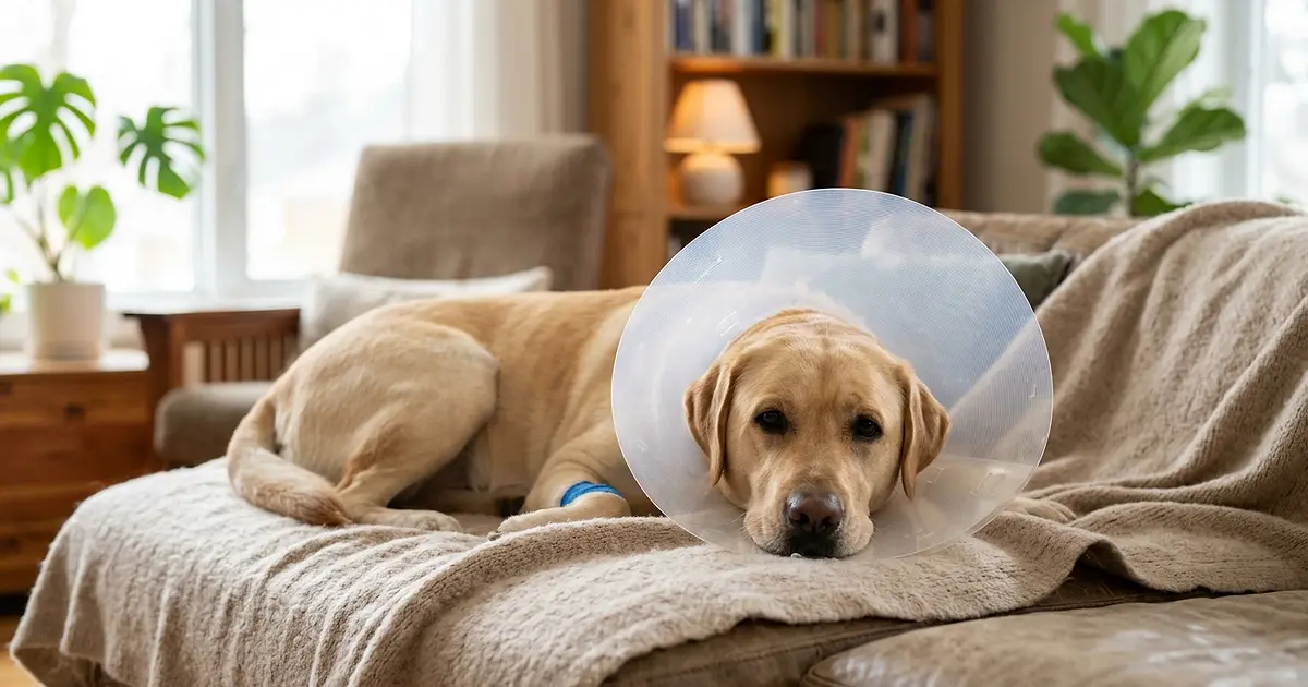 Chien calme portant une collerette de protection après une opération vétérinaire