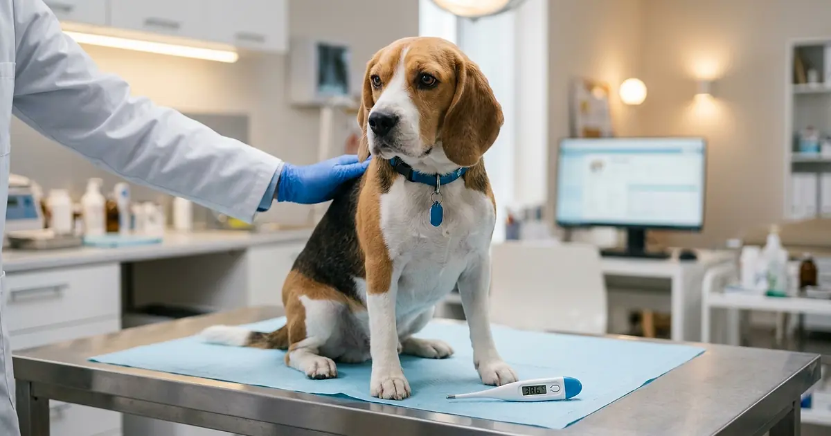 Beagle calme sur une table vétérinaire avec un thermomètre digital à côté de lui