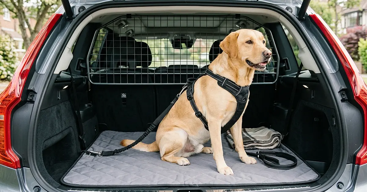 Chien attaché en sécurité dans le coffre d'une voiture avec une grille de séparation