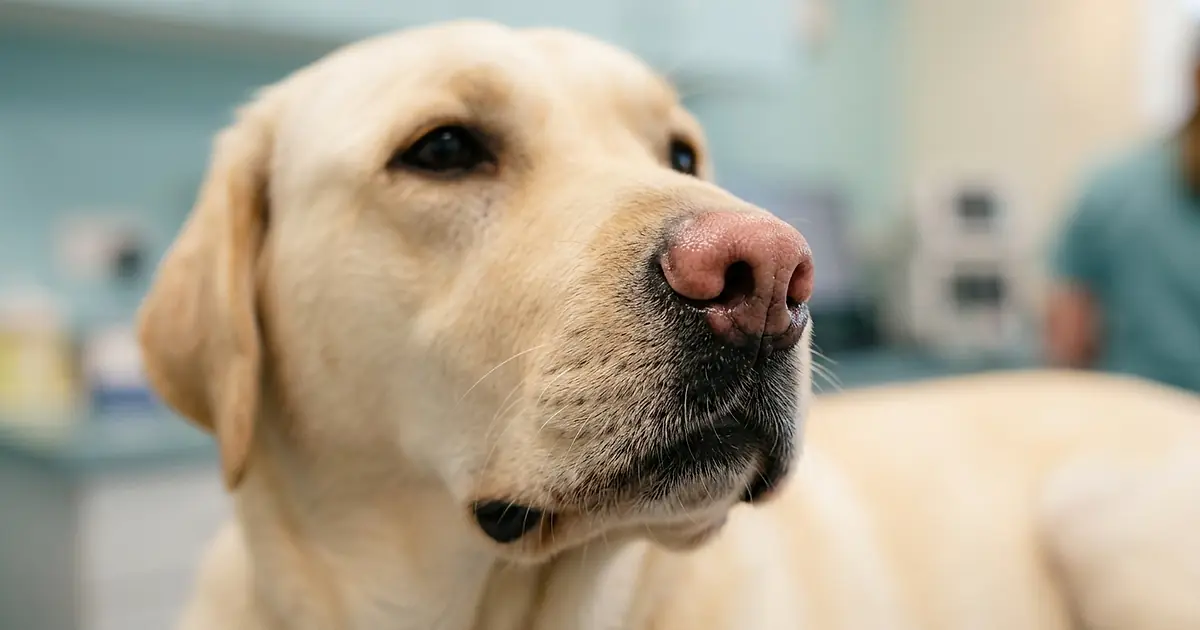 Gros plan sur le museau d'un Labrador dans un cabinet vétérinaire