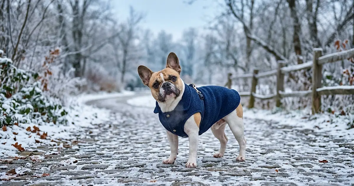Bouledogue Français portant un manteau d'hiver bleu sur un chemin enneigé
